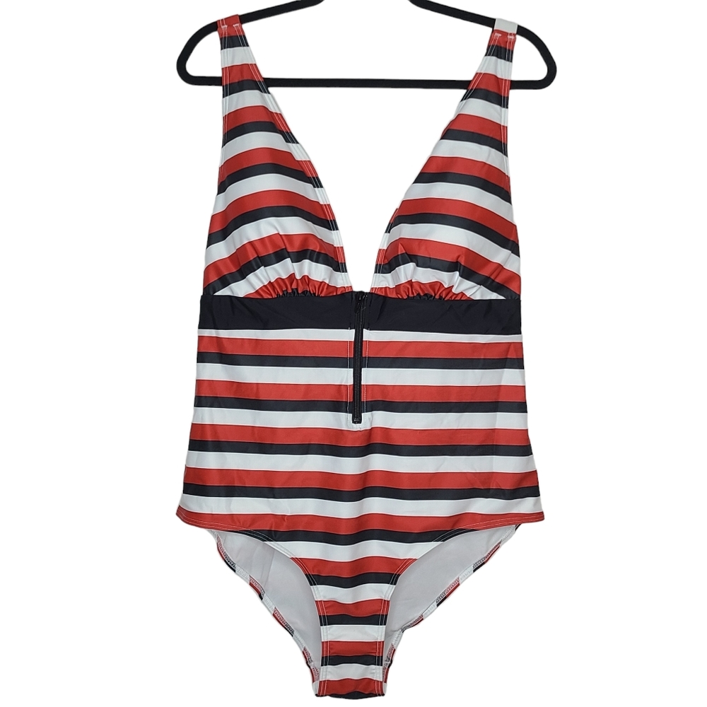 Modcloth The Dharla One Piece Swimsuit Red/White Stripes 1X Plus Size NWT